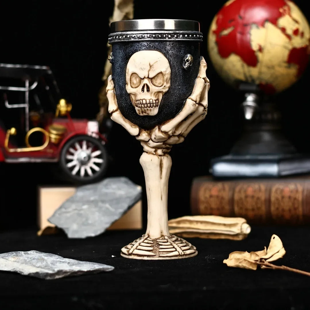 Silver Skull Goblet Stainless Steel Insert 3D Retro Gothic Fantasy Skeleton Wine Glass Halloween Beer Mug and Cup Halloween Gift